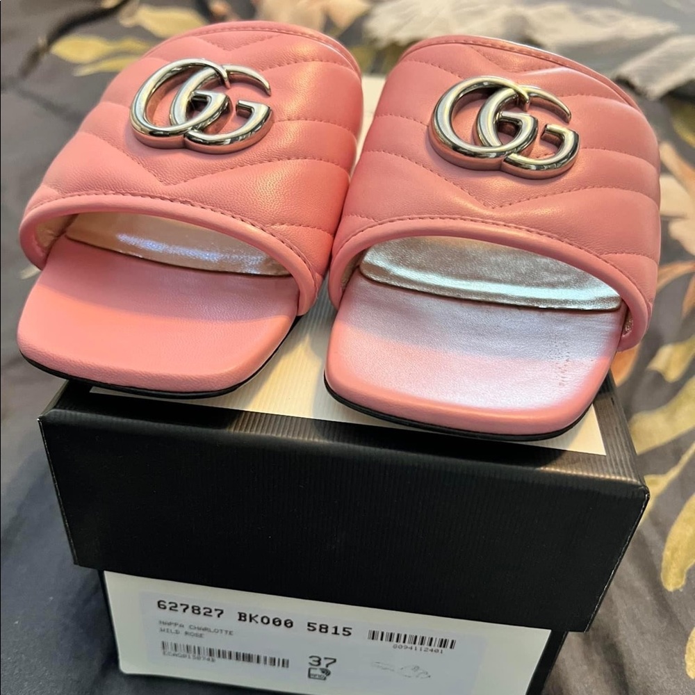 Gucci Napa Charlotte Rose Quilted Slides sz 37 NIB